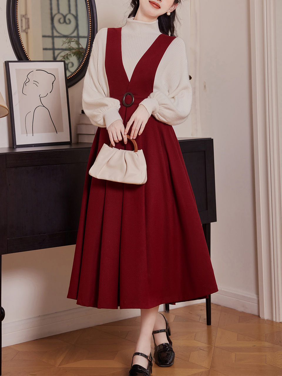 2 Piece Red Angora Retro Suspender Dress