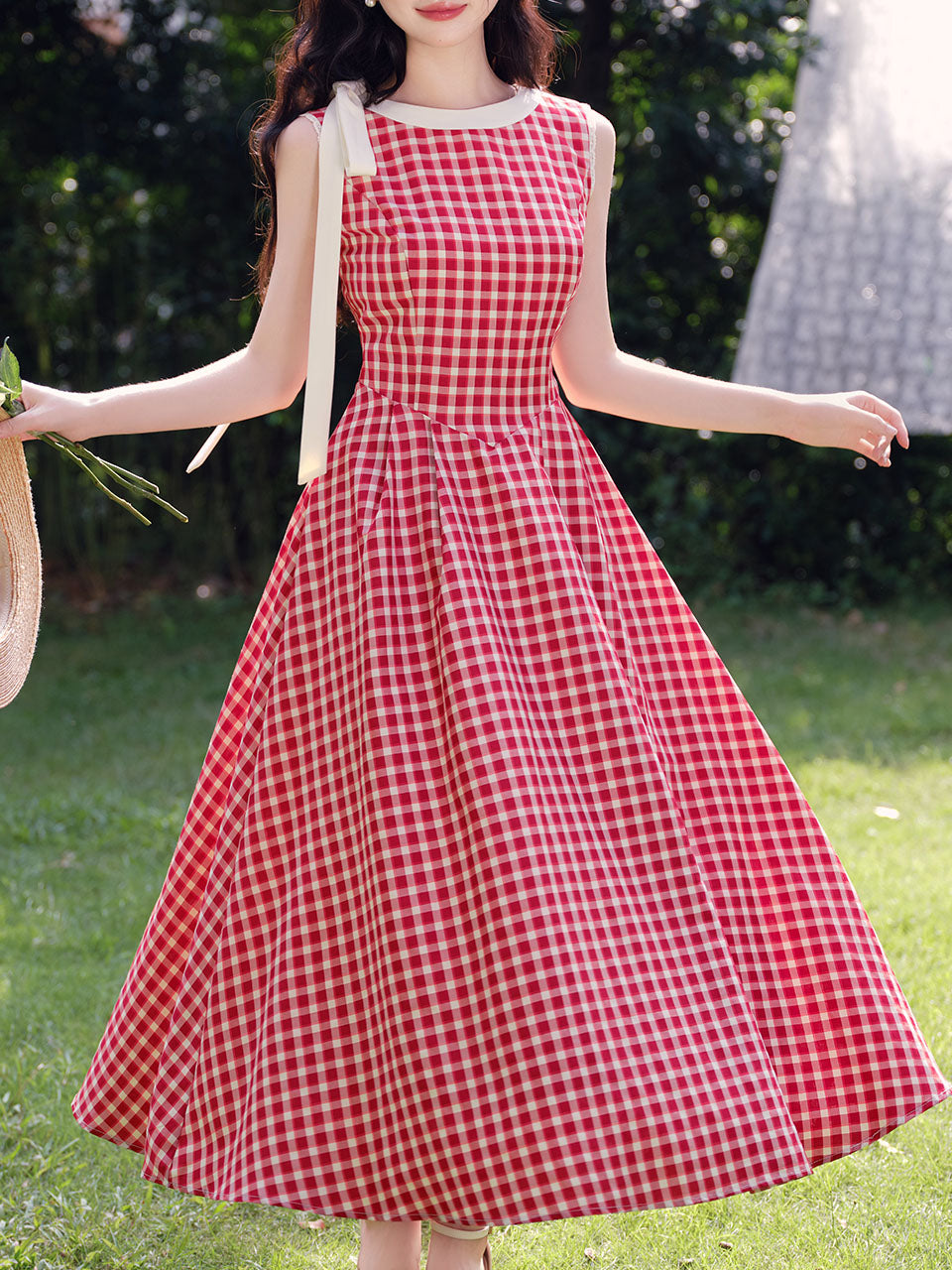 Red Plaid Print Sleeveless 1950S Vintage Dress