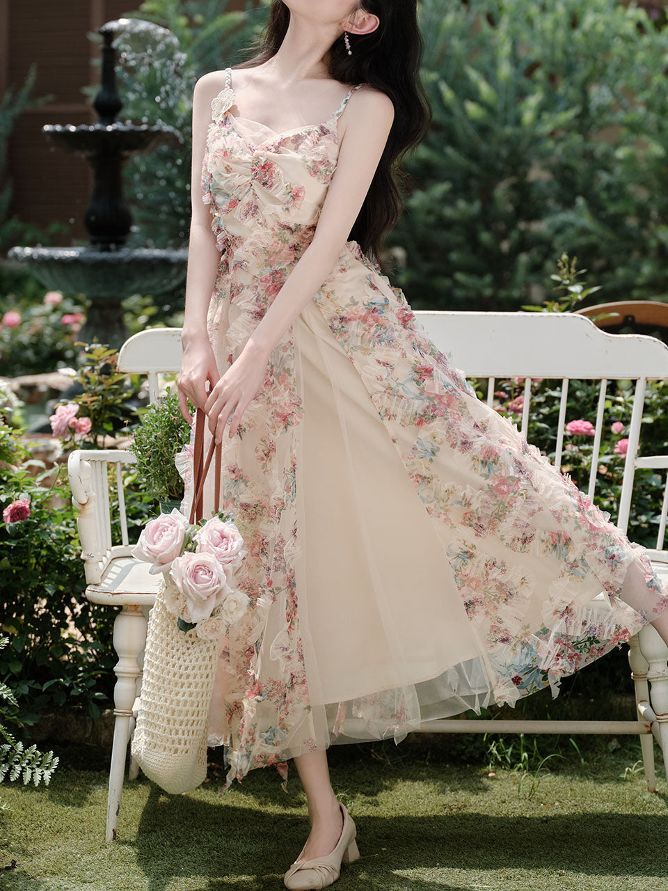 2PS Pink Spaghetti Strap Floral Mesh Ruffles Fairycore Dress