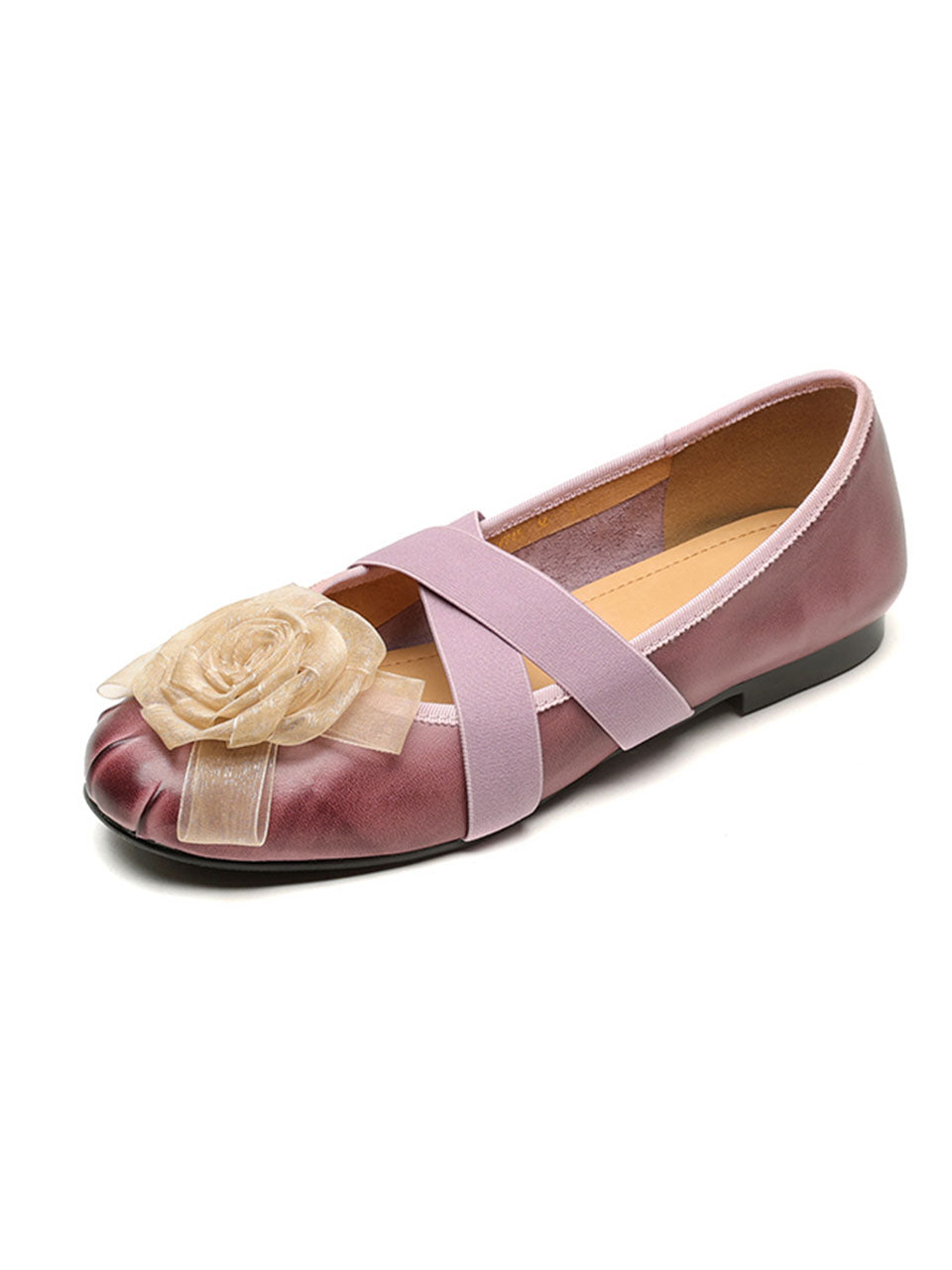 Purple Handmade Floral Washed Leather Cross Elastic Mary Jane Flat Heel Shoes