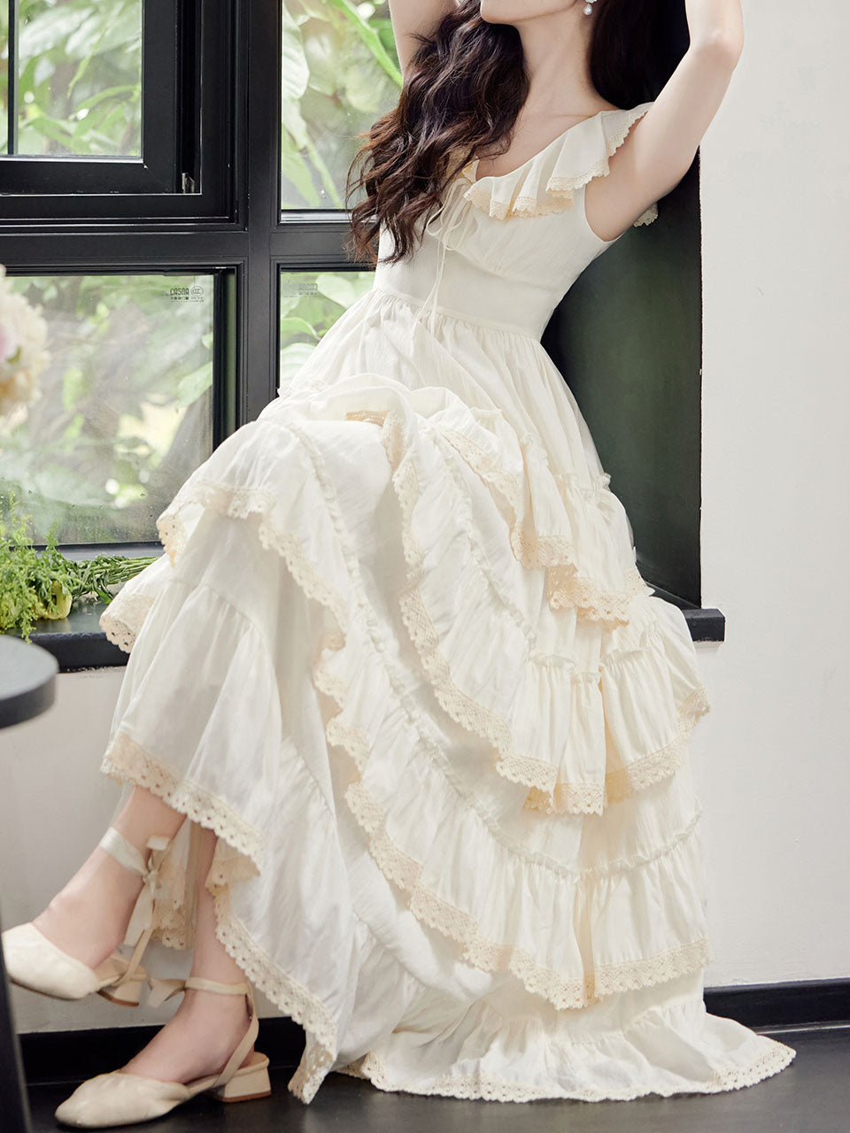 White Ruffles V Neck Layered Lace Maxi Vintage Dress