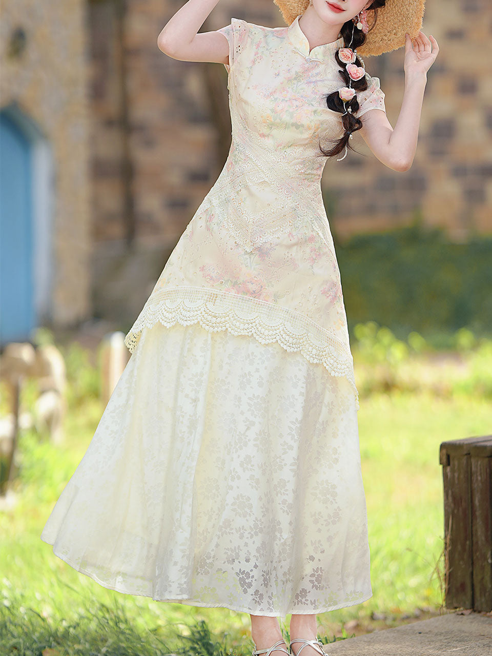 Pink Pastel Floral Lace Cheongsam Dress