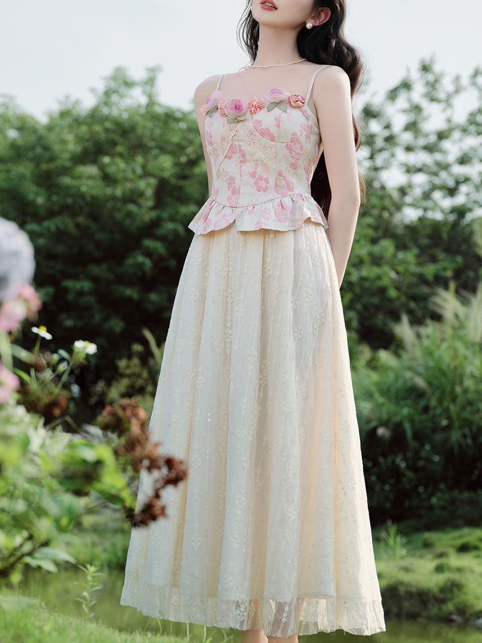 2PS Pink Rose Spaghetti Strap 1950S Swing Victoria's Fairy Dress