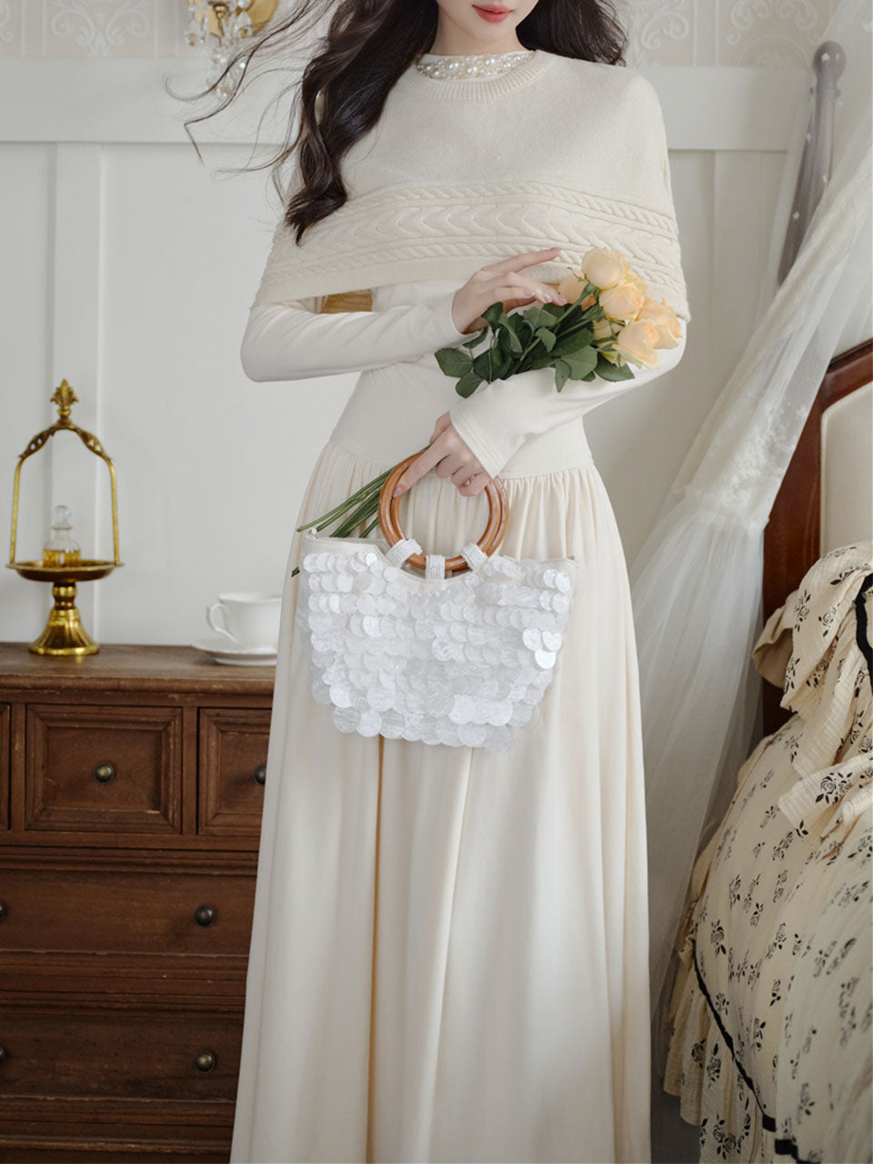 White Two-Piece Set Pearl Beaded Long Sleeve Dress