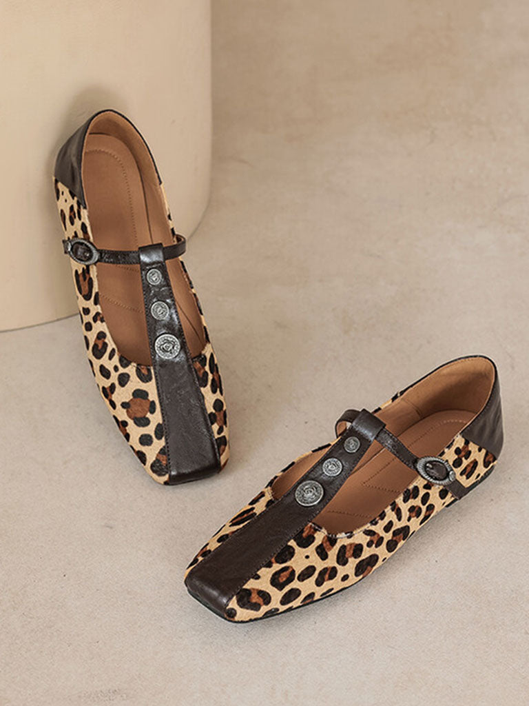 Flat Heel Leopard Square Toe T-strap Vintage Shoes