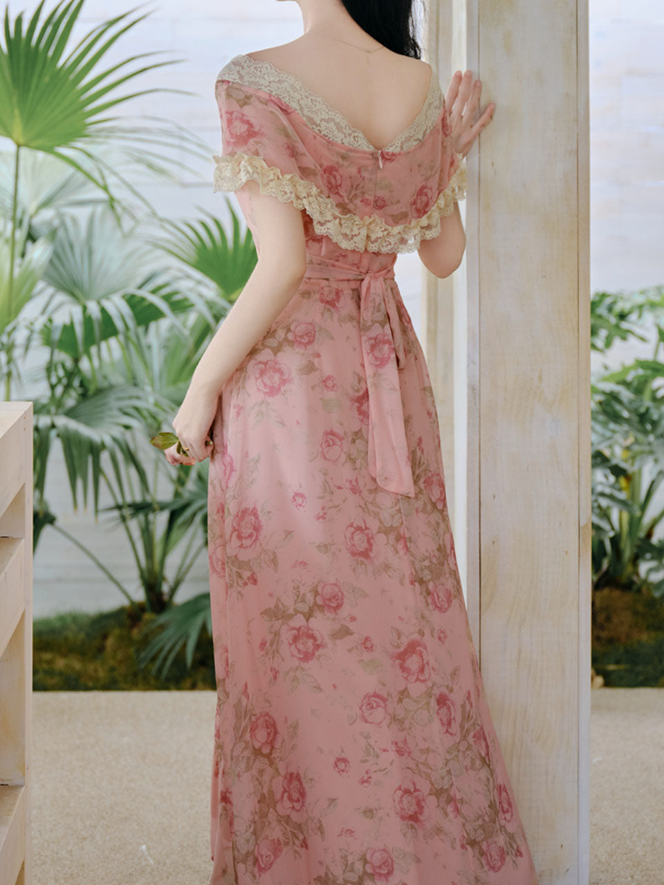 Pink Floral Rose Off Shoulder Lace Georgette Dress