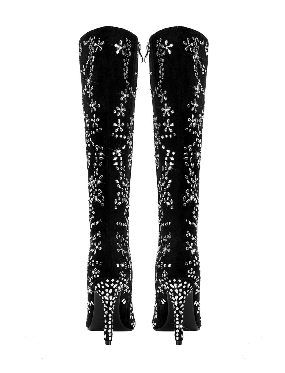 Black High Heel Pointed Toes Luxury Flower Bling Rhinestone Boots Shoes