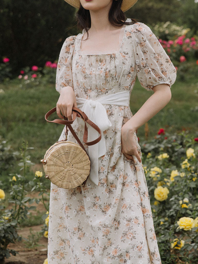 Floral Embroidered Lace Puffed Sleeve Chiffion Vintage Dress