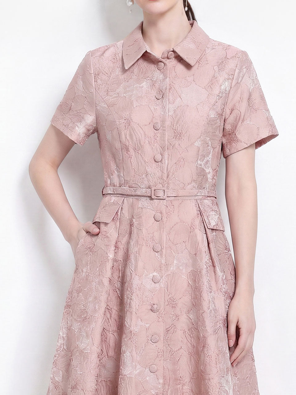 Pink Jacquard Elegant Embossed Floral Shirt Dress