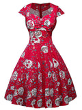 Halloween Red Skull Printed V Neck Vintage Dress