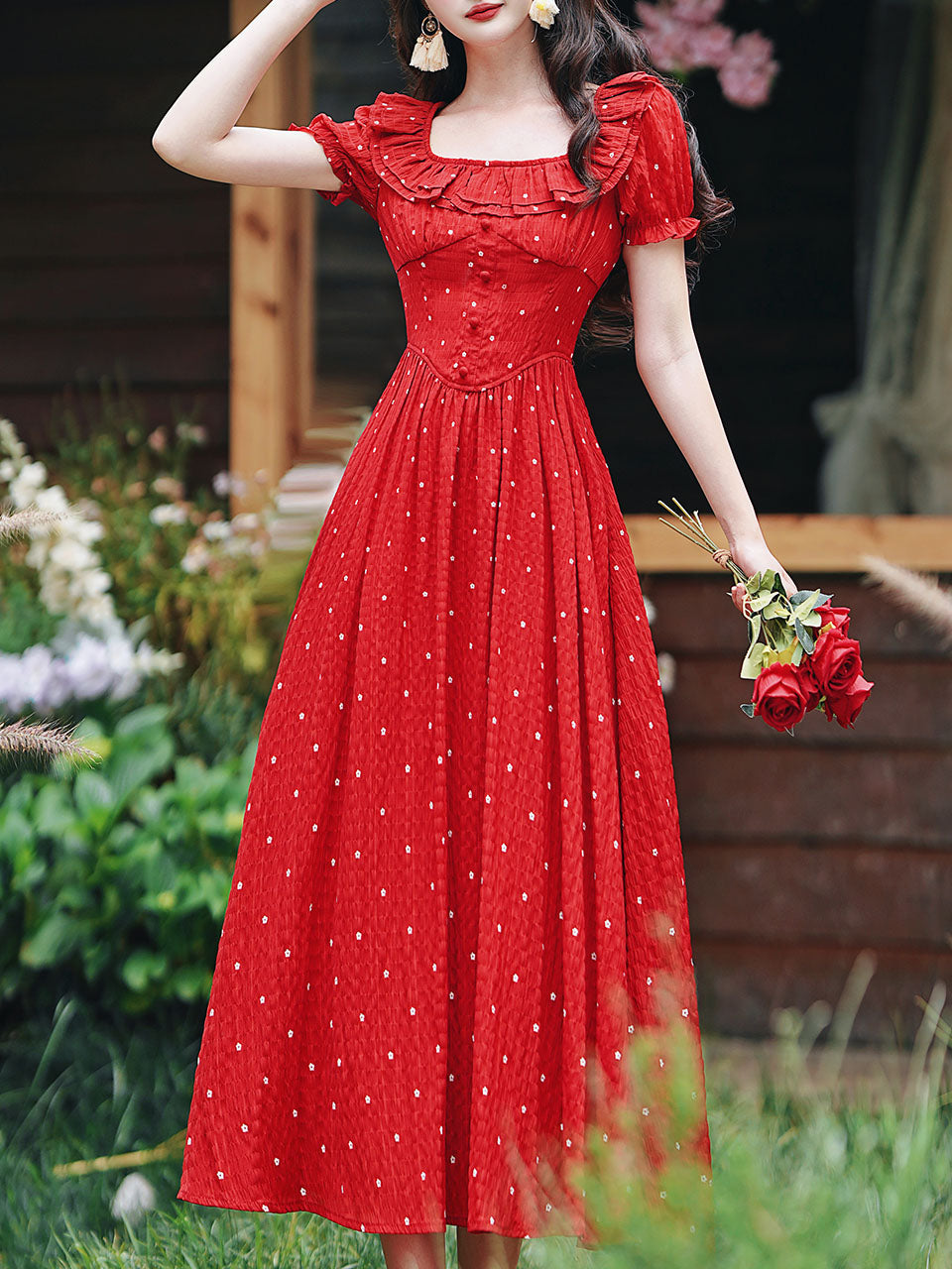 1950S Vintage Red Polka Dots Square Collar Swing Dress