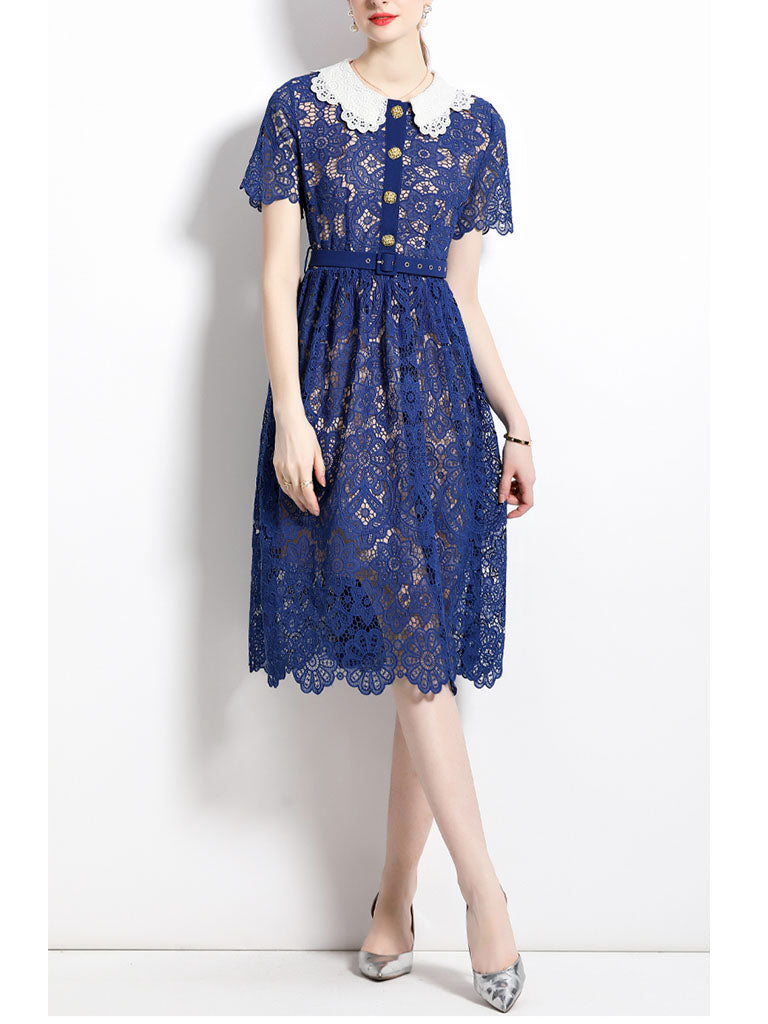 Navy Lace Peter Pan Collar Short Sleeve 1950S Vintage Dress