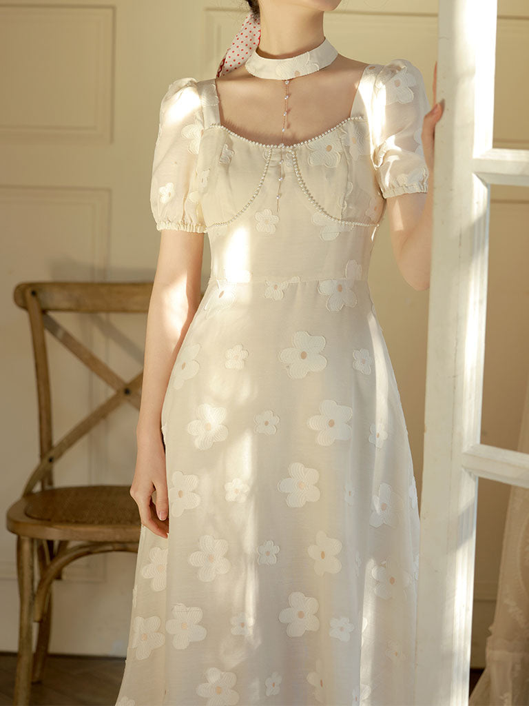White Daisy Pearl Puff Sleeves 50S Vintage Dress