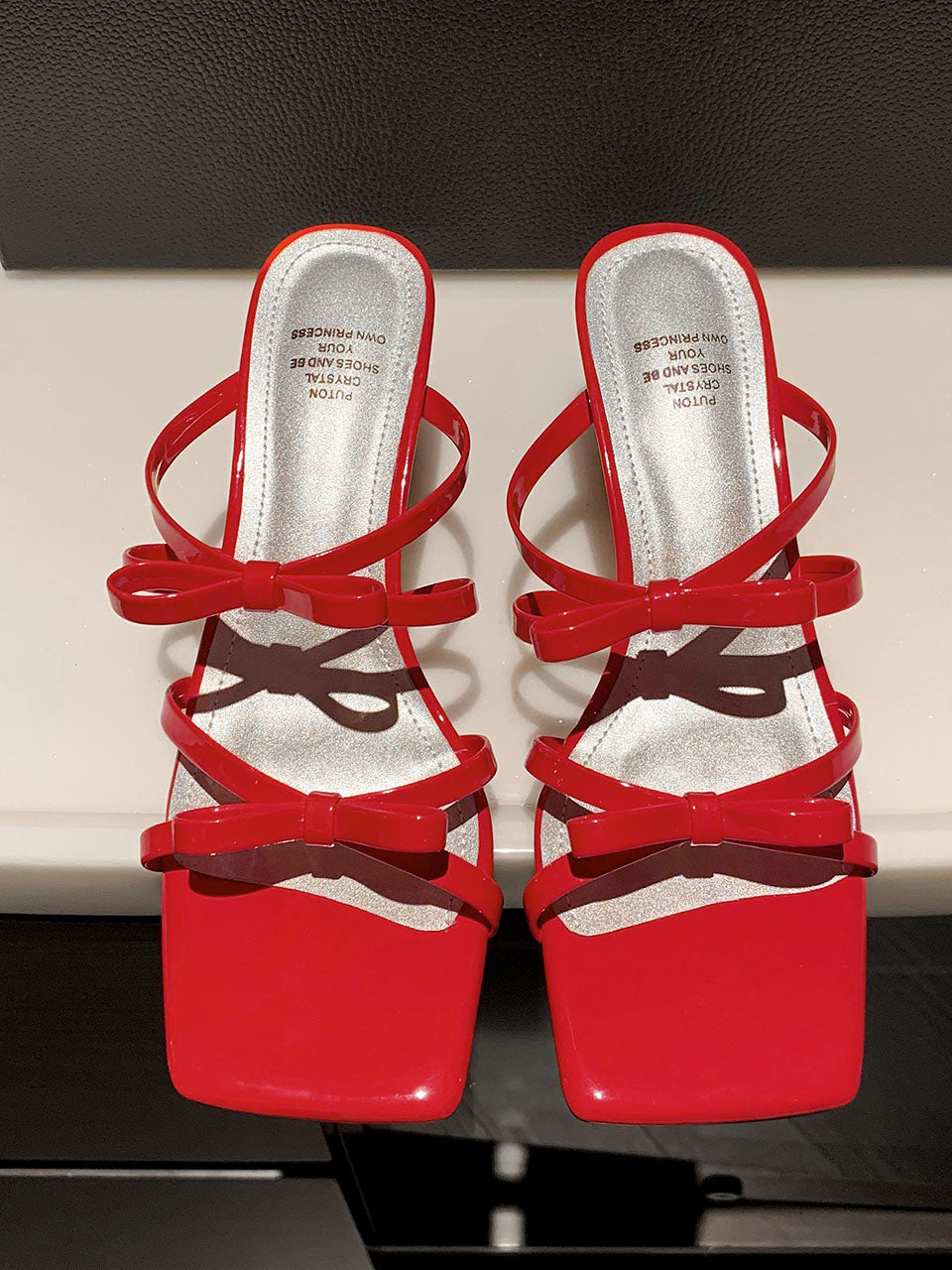Low Heel Sandals Square Toe Bow Strap Leather Vintage Shoes