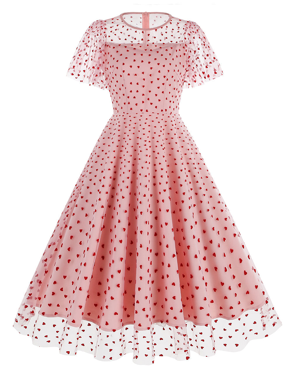 Pink Semi Mesh Sweet Heart Embroidered Short Sleeve 50S Swing Dress