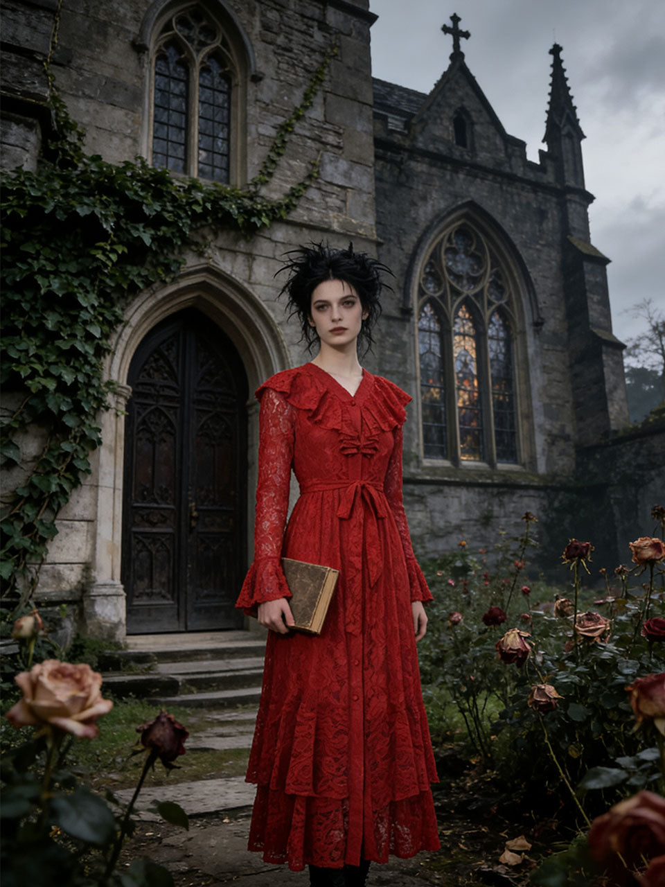 Red Lace Long Sleeve Midi Dress