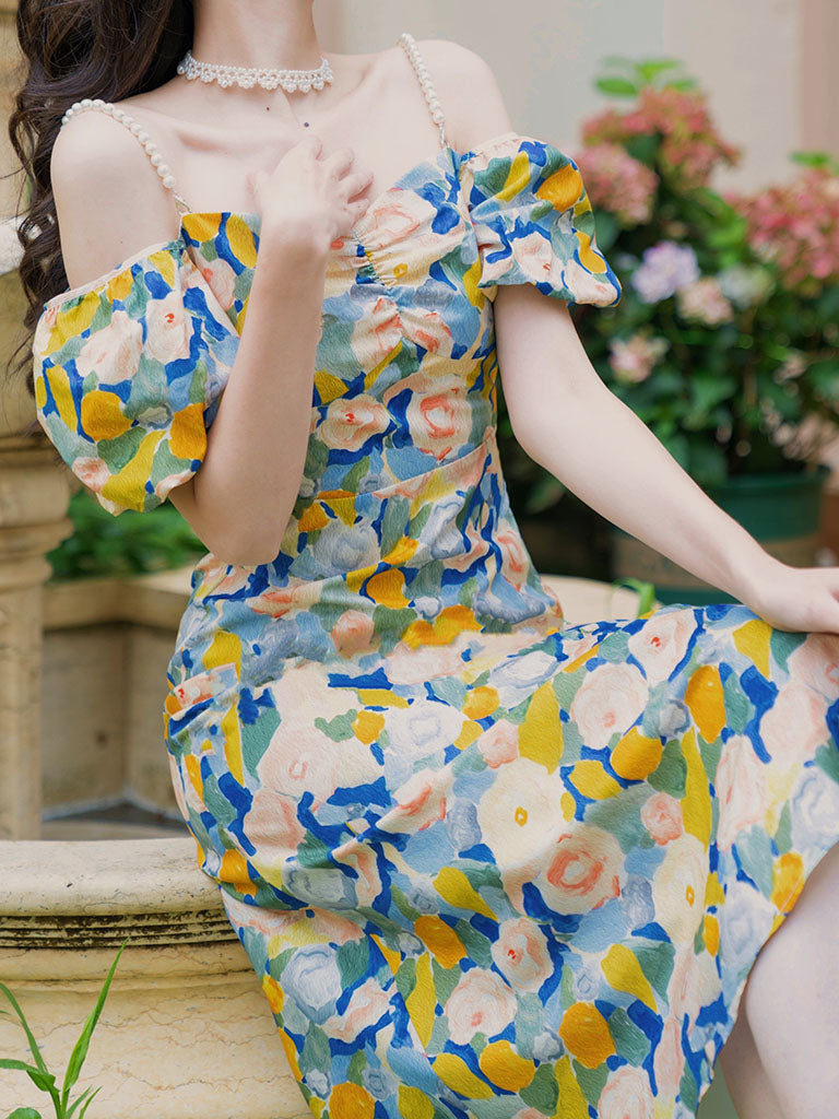 Yellow And Blue Floral Print Off Shoulder 1950S Dress