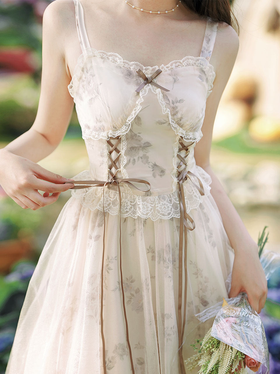 2PS Apricot Floral Print Ruffles Spaghetti Strap Princess Dress
