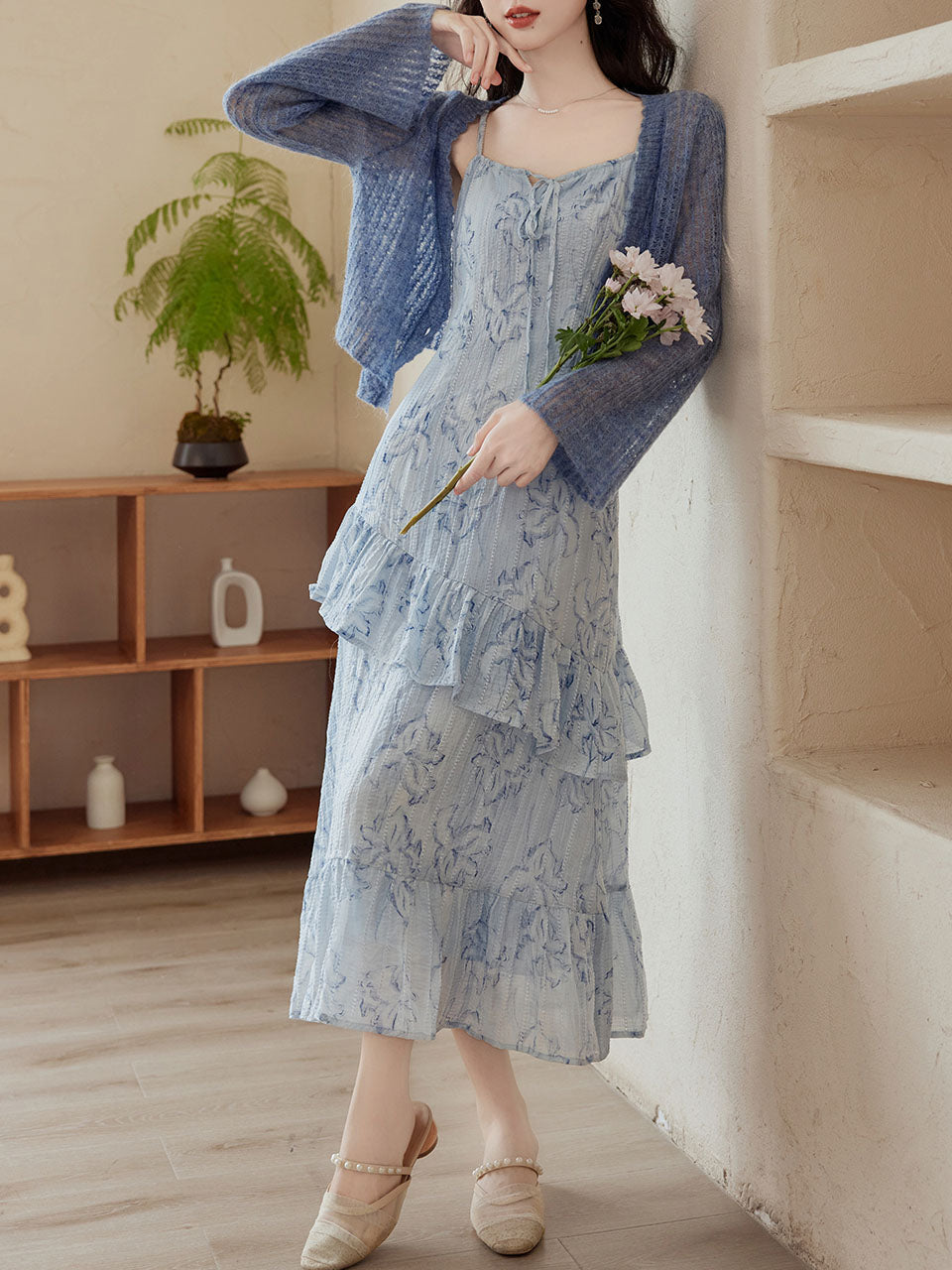 2PS Blue Floral Print Spaghetti Strap Dress