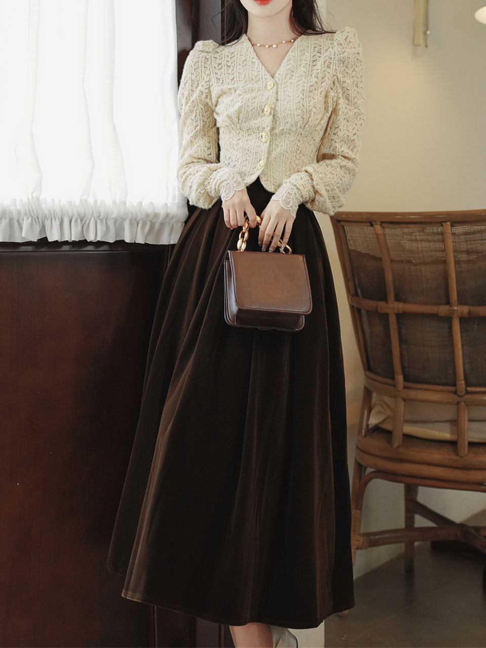 White Lace V Neck Top and Brown Velvet Swing Skirt Dress Set