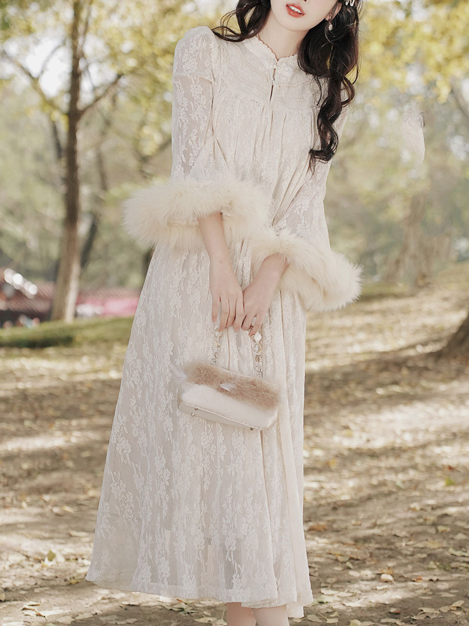 Apricot Lace Fur Sleeve 1950S Vintage Dress