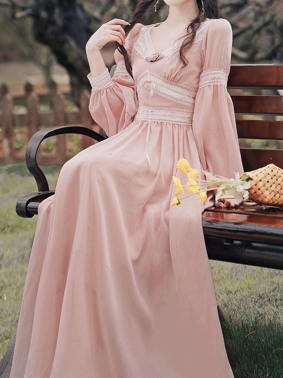 Pink Rose Girl Retro Lace V-neck Chiffon Long Lantern Sleeve Coquette Dress