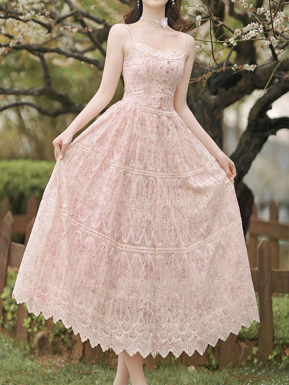 2PS Pink Embroidered lace Spaghetti Strap Dress