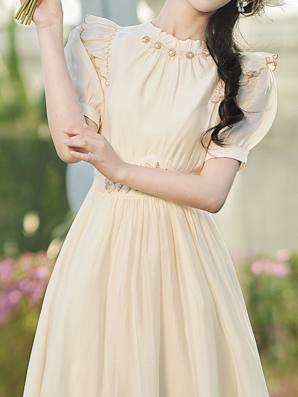 White Ruffles Collar Embroidered Puff Sleeve 1950S Vintage Dress