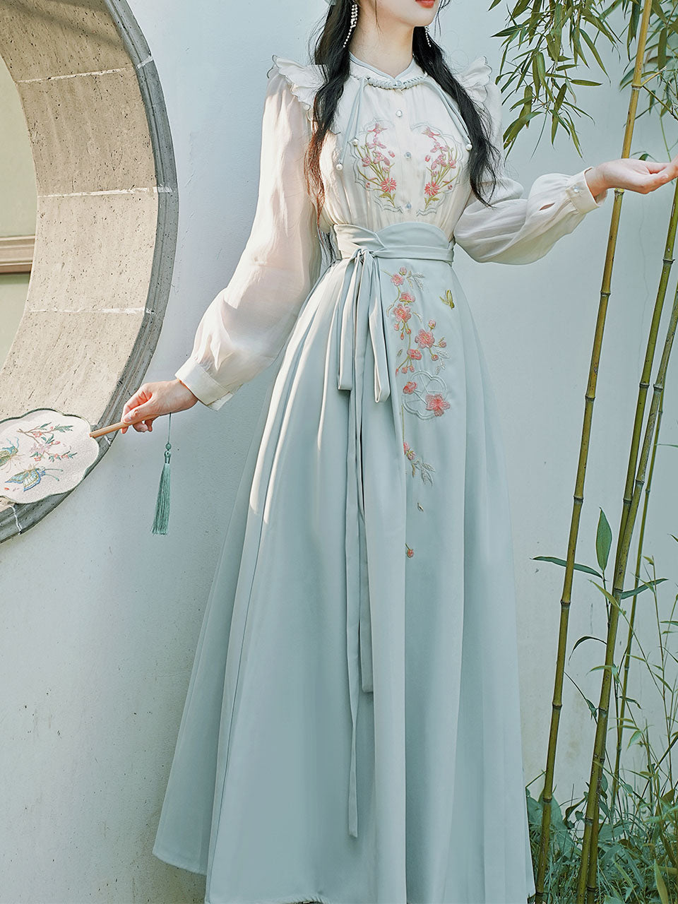 2PS Blue Stand Collar Embroidered Top and White Horse-face Skirt Vintage Suits