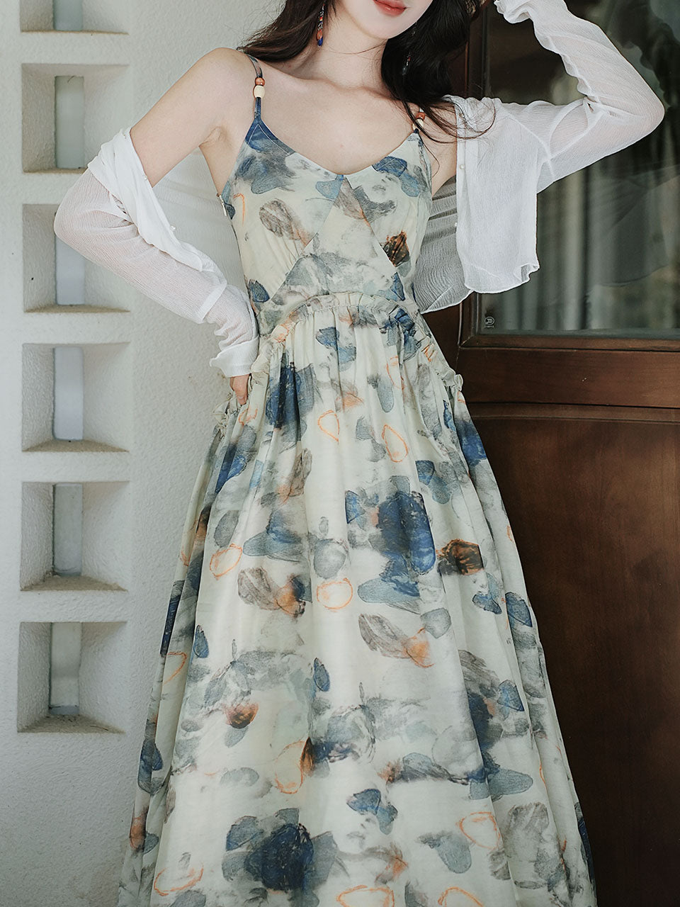 2PS Blue Floral Print Spaghetti Strap 1950S Vintage Dress