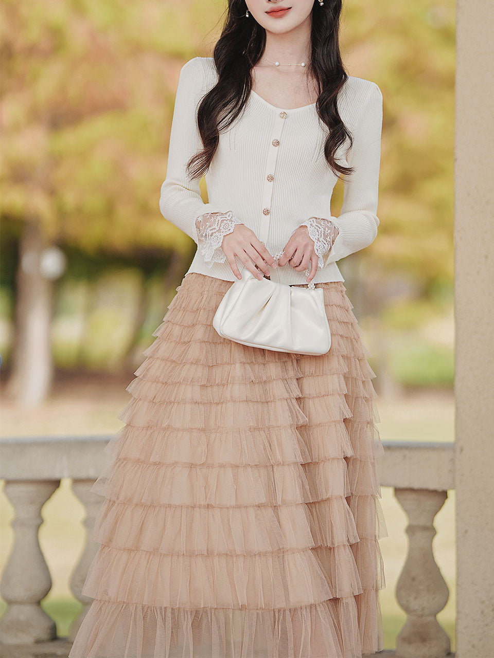 2PS White V Neck Knitted Sweater and Swing Mesh Fairy Skirt Dress Set