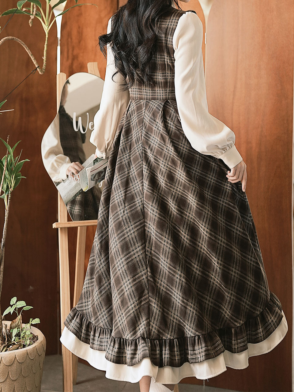 Brown Plaid Fake Two-Piece Long Sleeve Vintage Dress