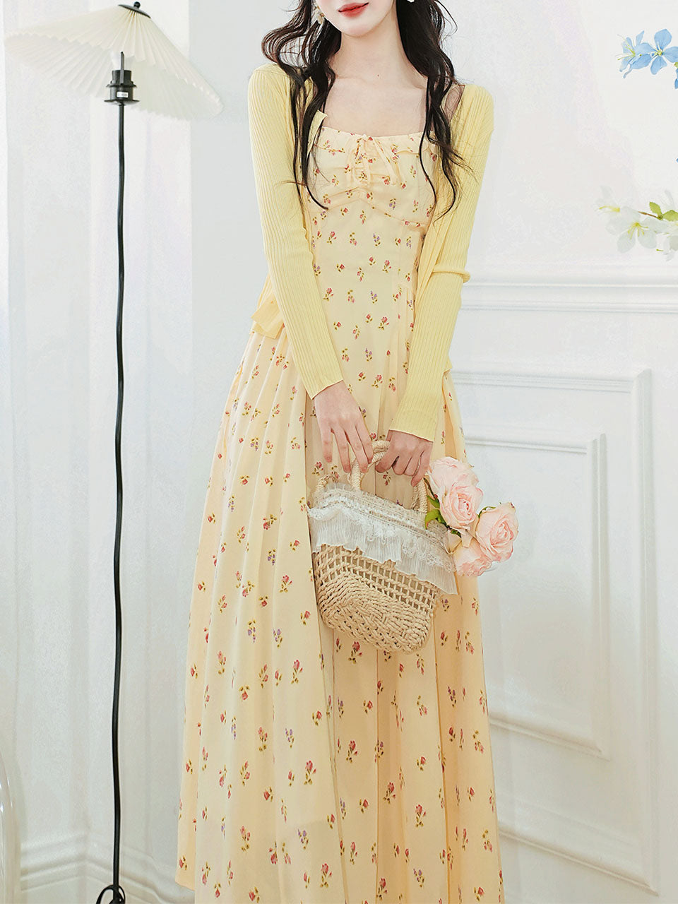 2PS Yellow Floral Spaghetti Strap 1950S Vintage Dress