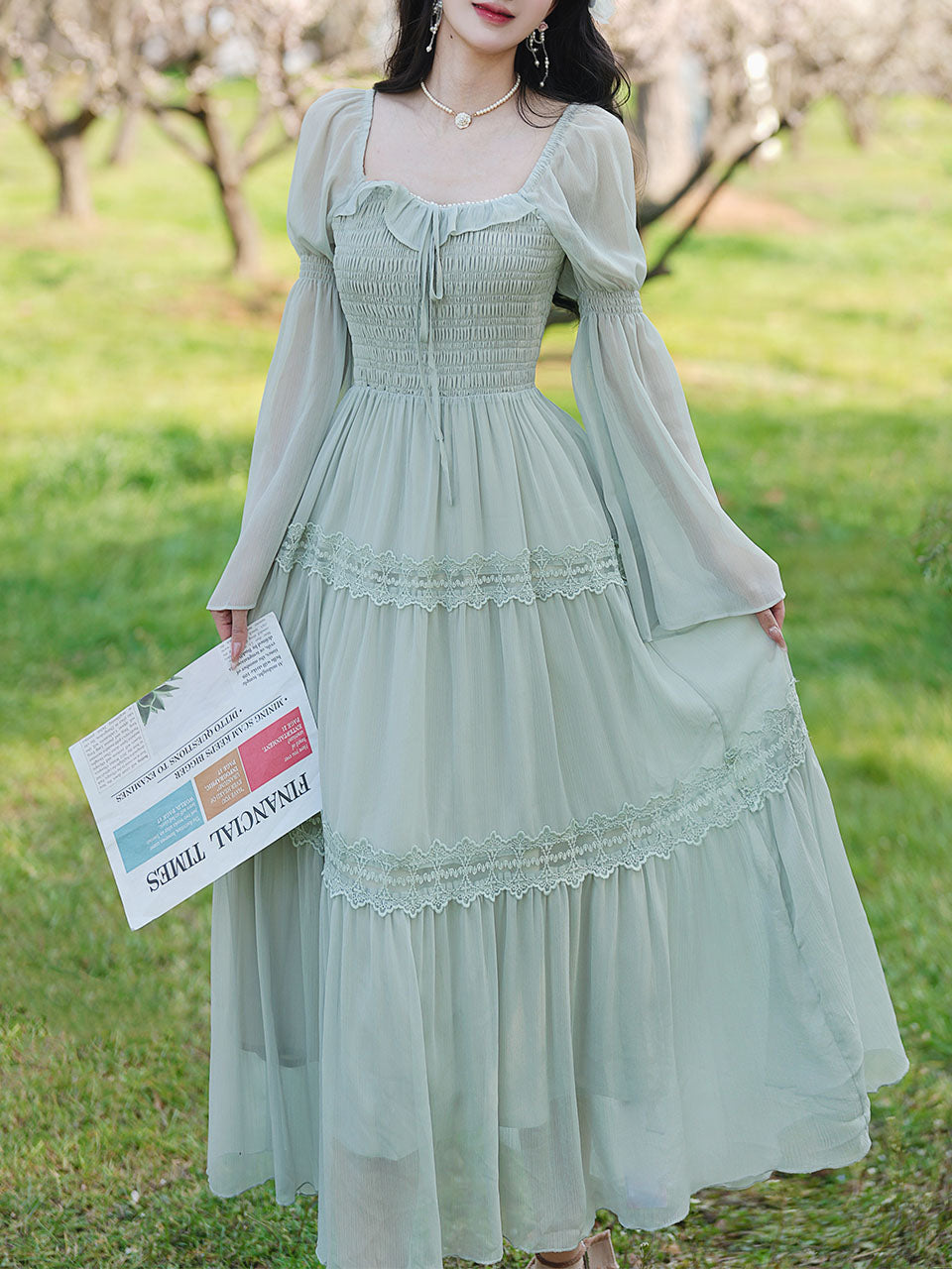 Green Square Collar Lace Ruffles Edwardian Revival Vintage Dress