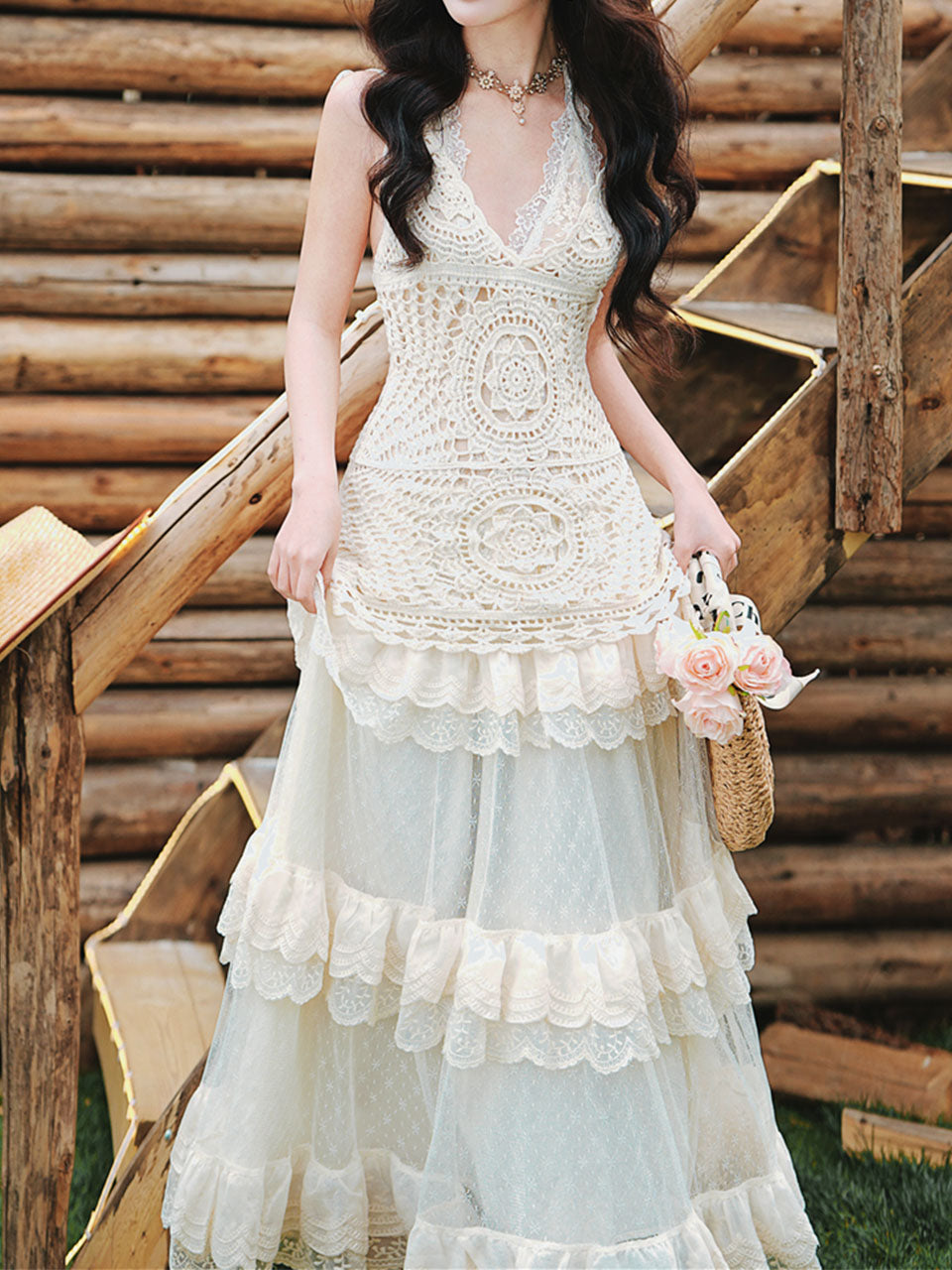 1950S Vintage White Hollow Crochet Cover Up and High Waist Lace Skirt Set