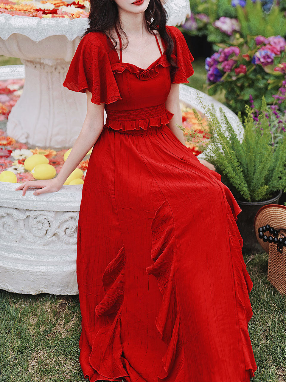 2PS Red Rose Ruffles Spaghetti Strap Top and High Waist Swing Dress Set