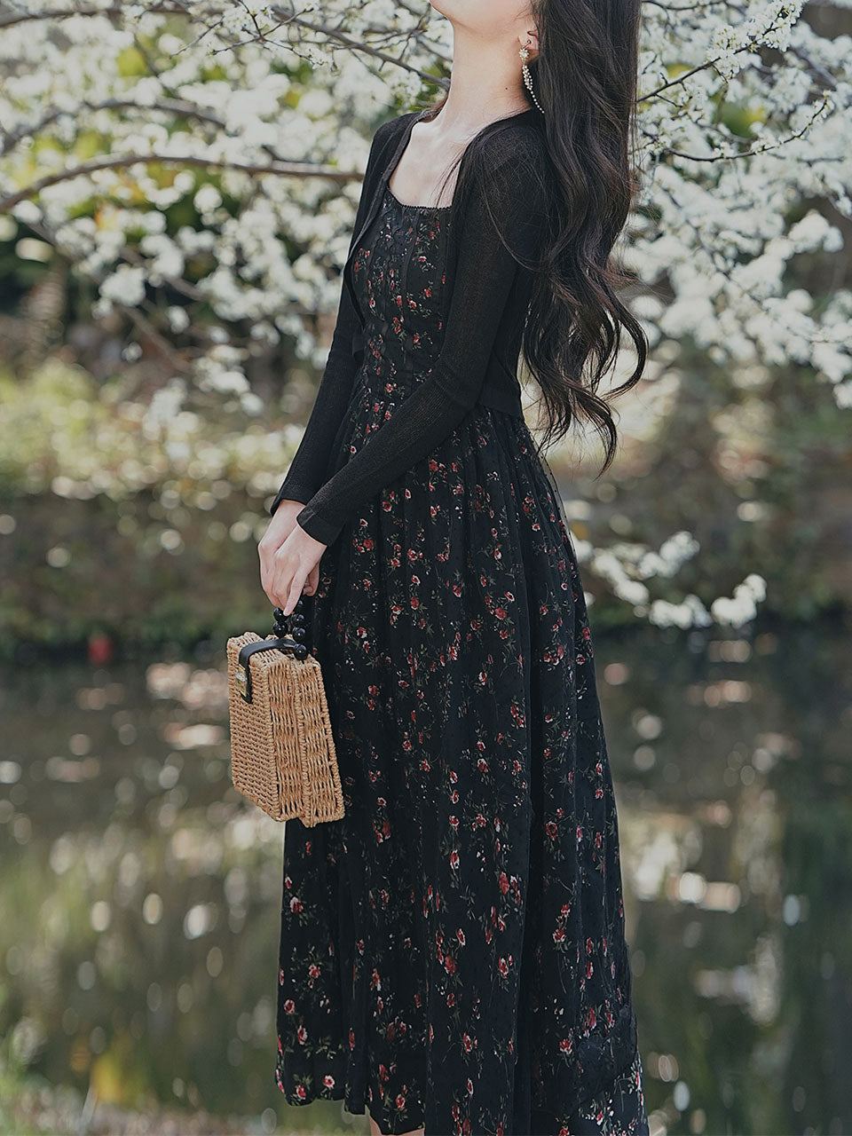 2PS Vintage Black Floral Chiffon Maxi Dress