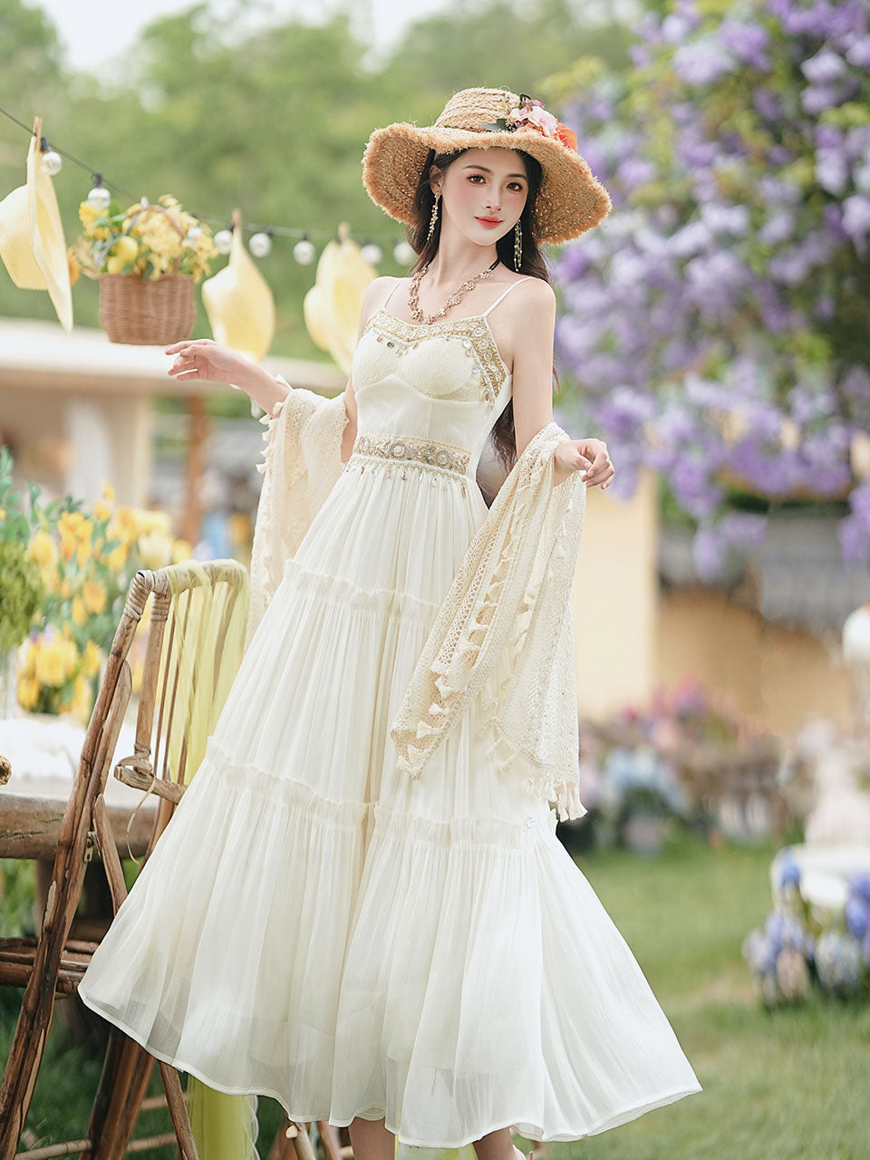White Bohemian Embroidered Retro Maxi Dress 1970S Vintage Set