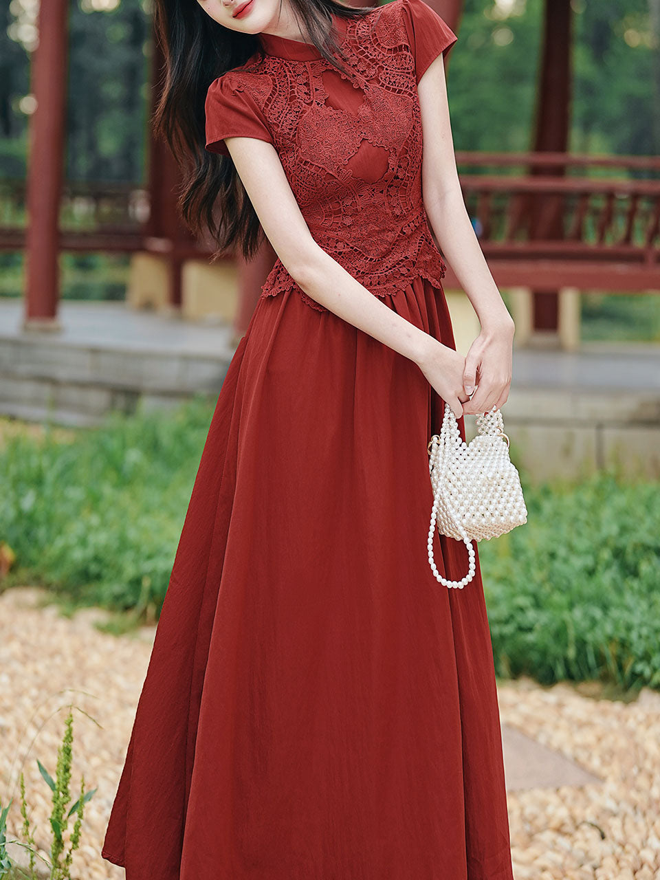 Red Cheongsam Cap Sleeve Lace Vintage Dress