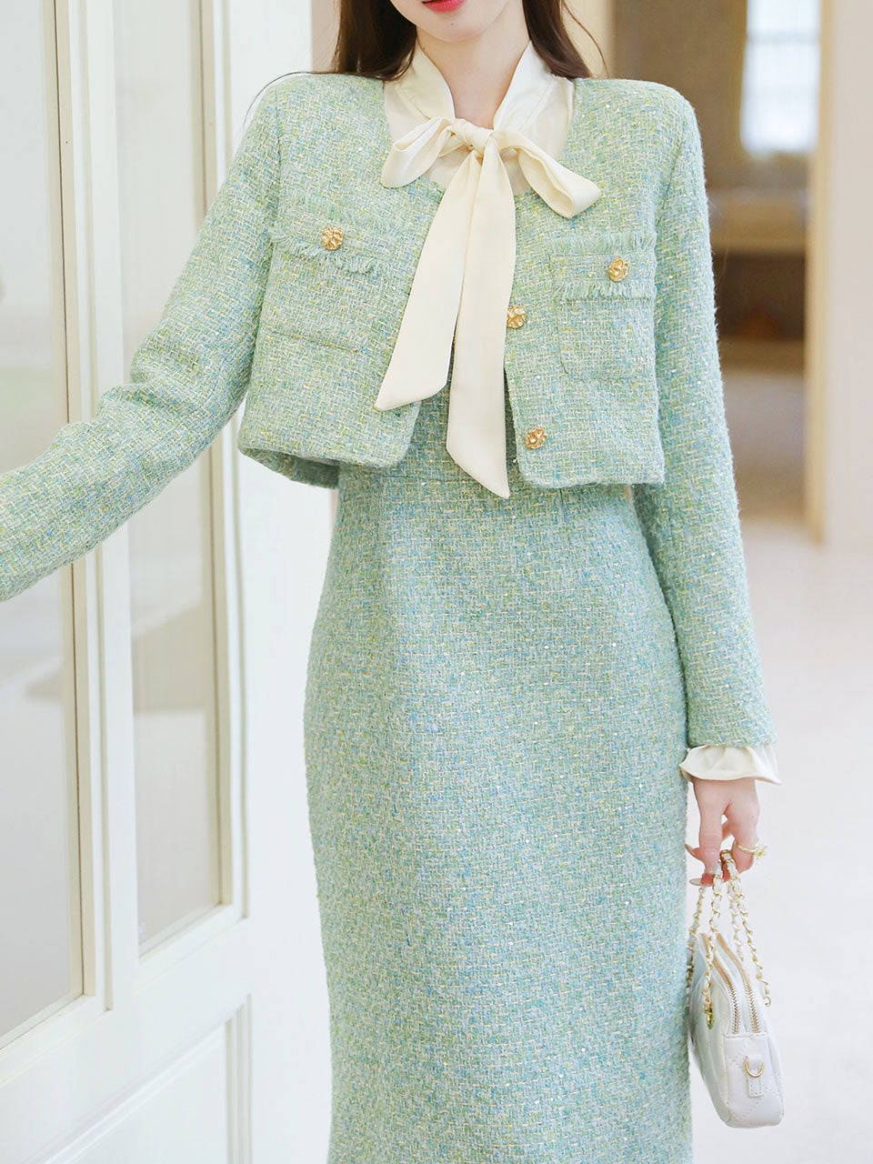 Vintage 1940s Mint Green Tweed Skirt Suit Set Bow Collar & Matching Jacket