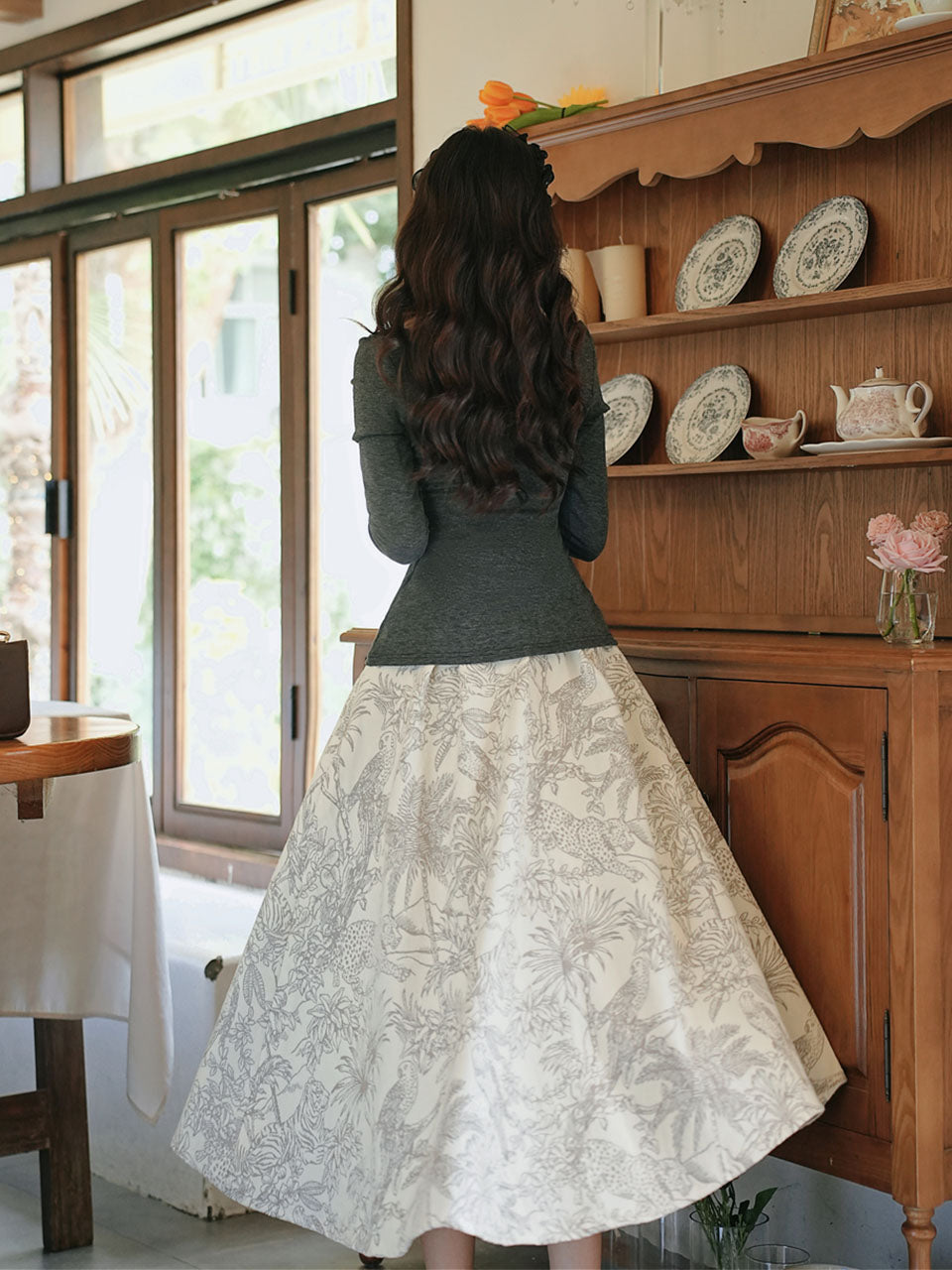 Gray Off Shoulder Slit Knit Top and Floral Jacquard Maxi Skirt Set