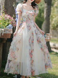 Printed Tulle Puff Sleeve Ruffled Hem Princess Party Dress for Girls Women