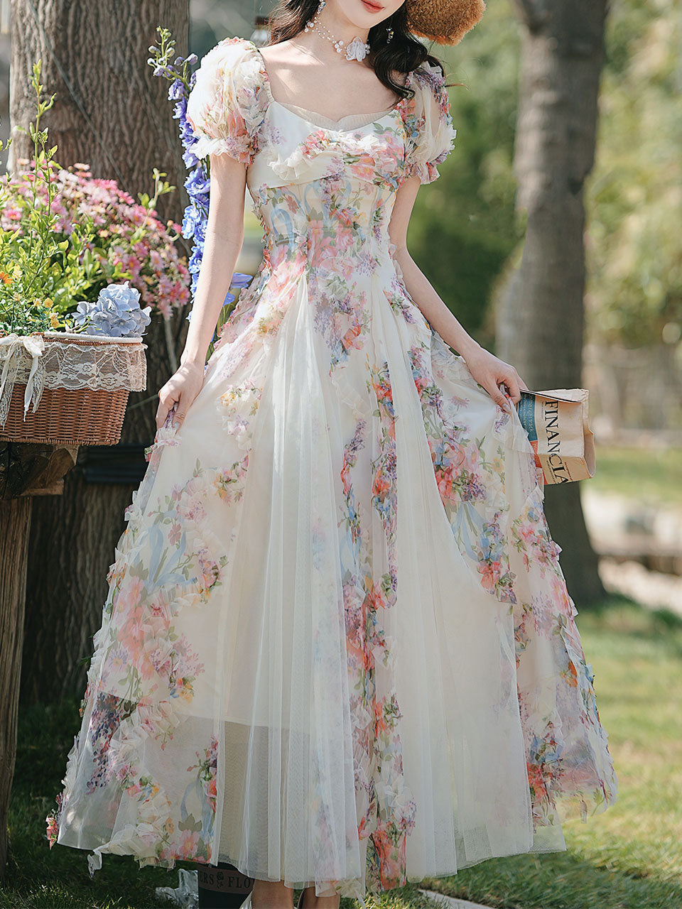 Printed Tulle Puff Sleeve Ruffled Hem Princess Party Dress for Girls Women