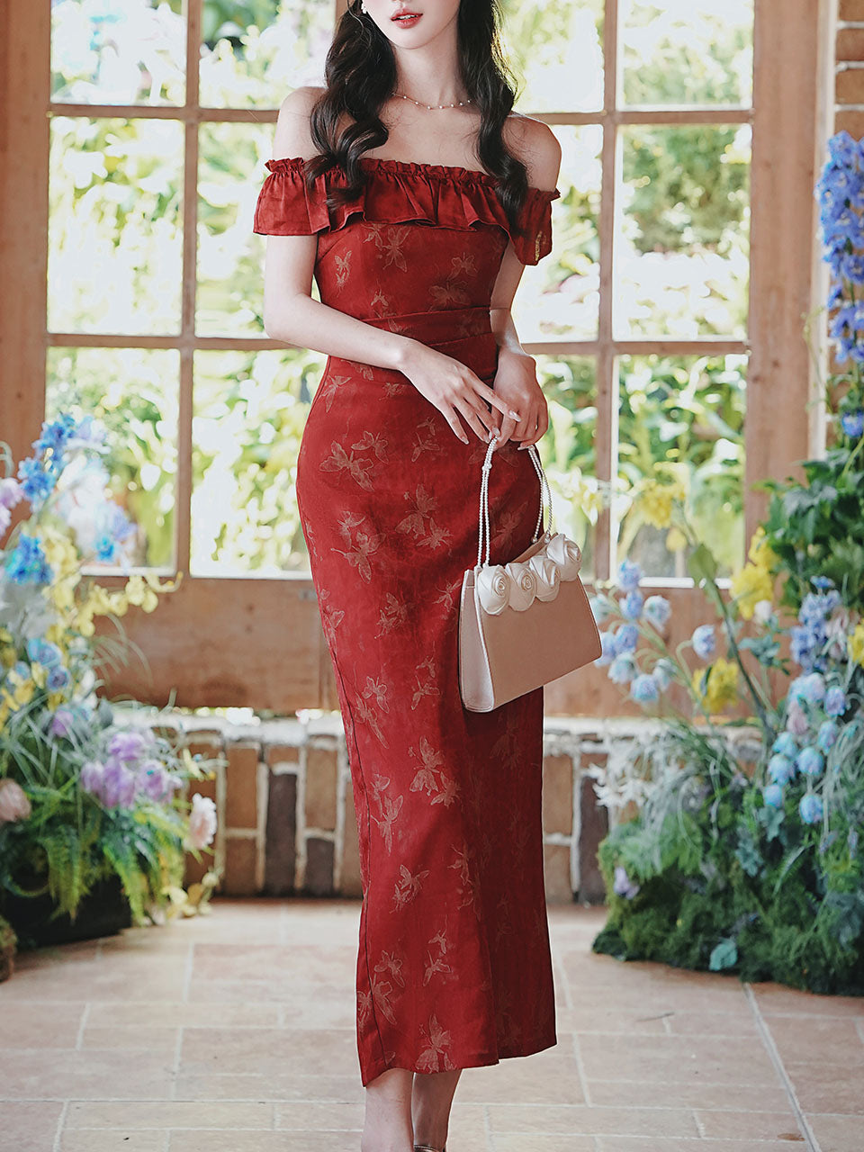Red Butterfly Print Off Shoulder Bodycon Dress