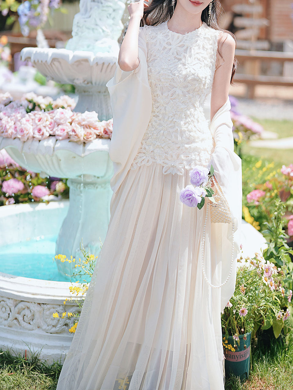 White Lace Patchwork Mesh Vintage Dress