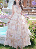 Pink Floral Print Halter Neck Backless Vintage Dress