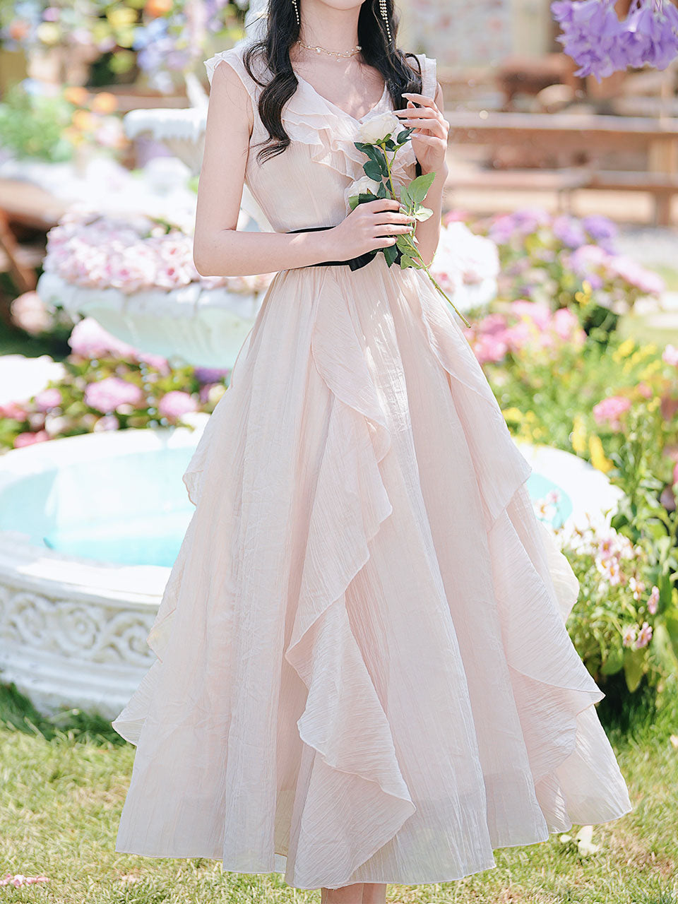 Pink Flowy Ruffle V-Neck Dress