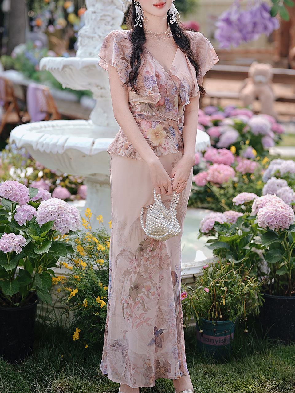 2-Way Wear Vintage Floral Print Cape Sleeve Chiffon Dress for Summer Vacation