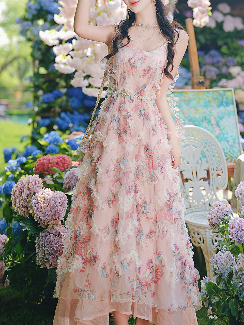 2PS Pink Ruffles Floral Printed Spaghetti Strap Vintage Dress