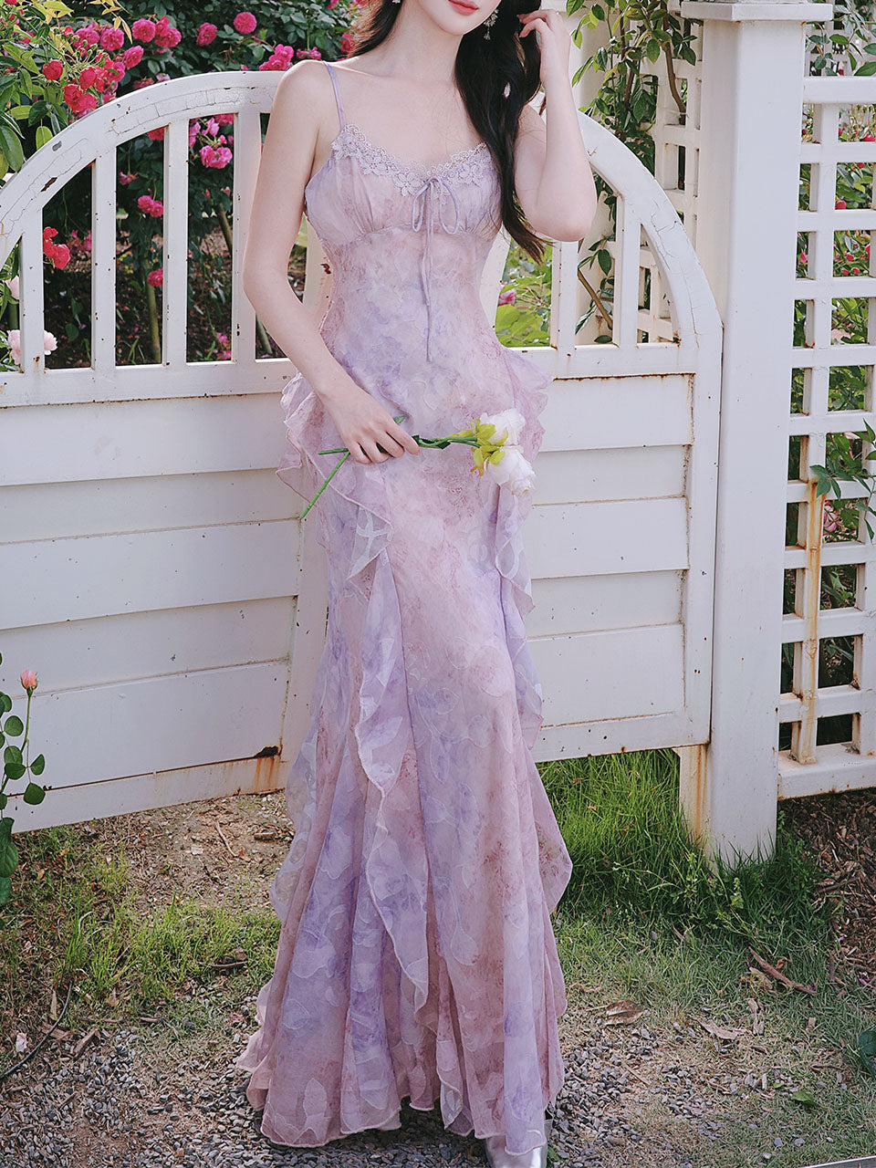 2PS Purple Ruffles Floral Printed Spaghetti Strap Vintage Dress